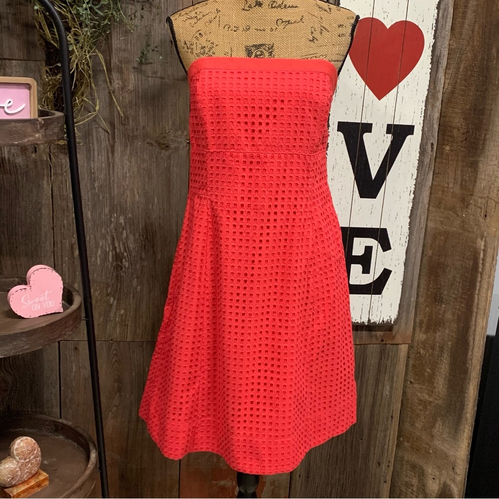 White House Black Market Strapless Red Eyelet Fit-and-Flare Dress